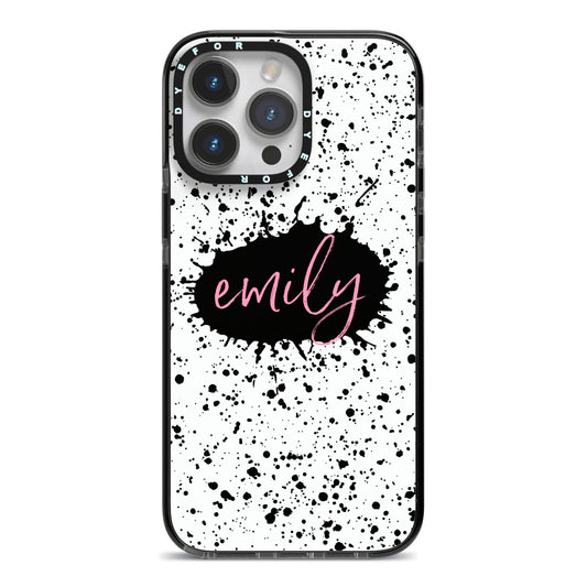 Personalised Black Ink Splat Name iPhone 14 Pro Max Black Impact Case on Silver phone