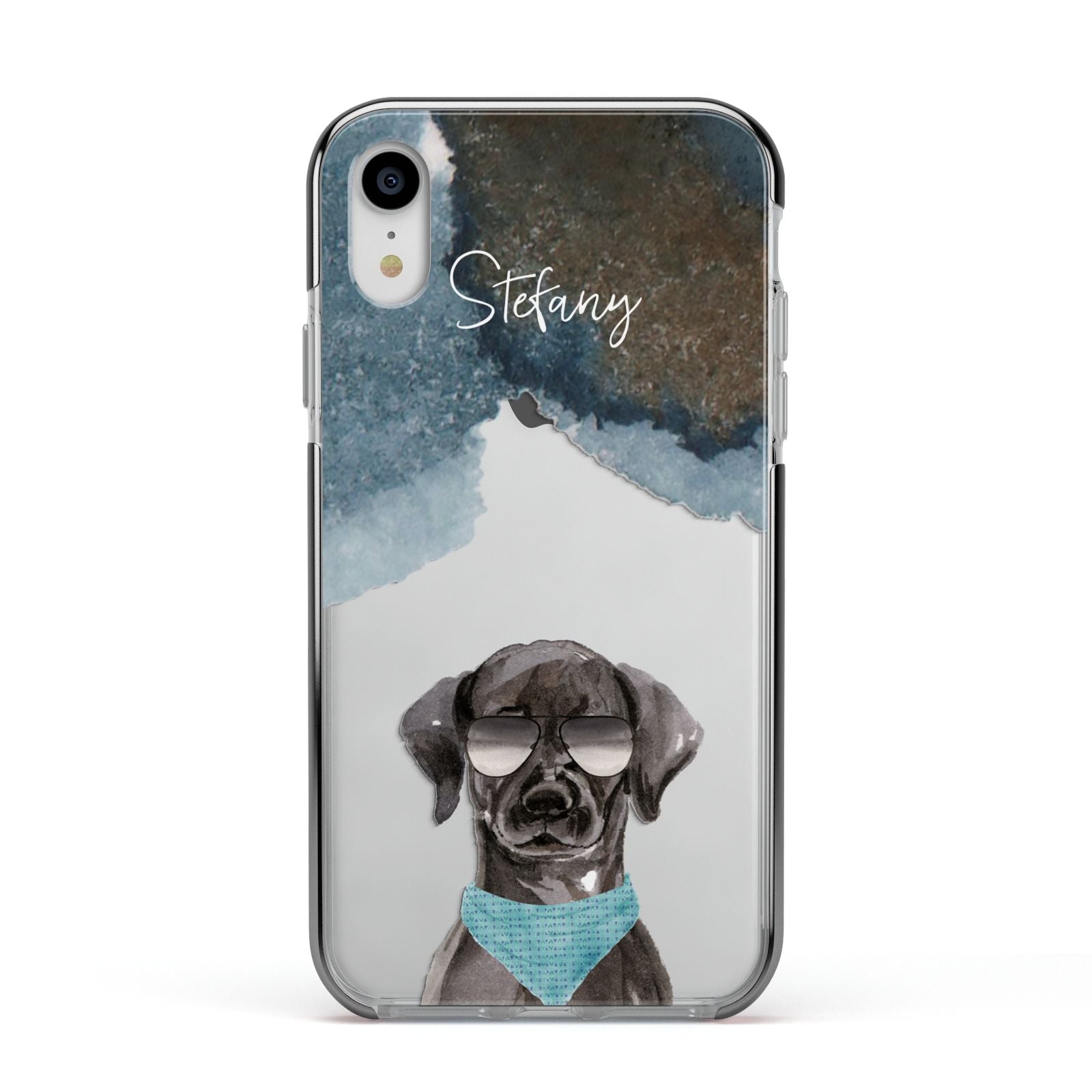 Personalised Black Labrador Apple iPhone XR Impact Case Black Edge on Silver Phone