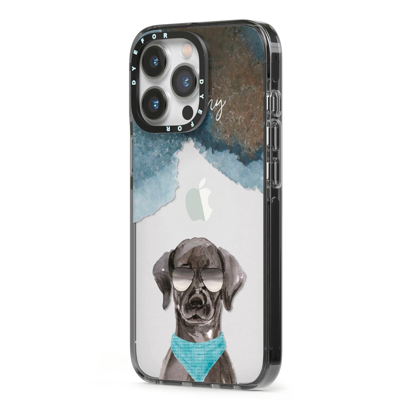 Personalised Black Labrador iPhone 13 Pro Black Impact Case Side Angle on Silver phone