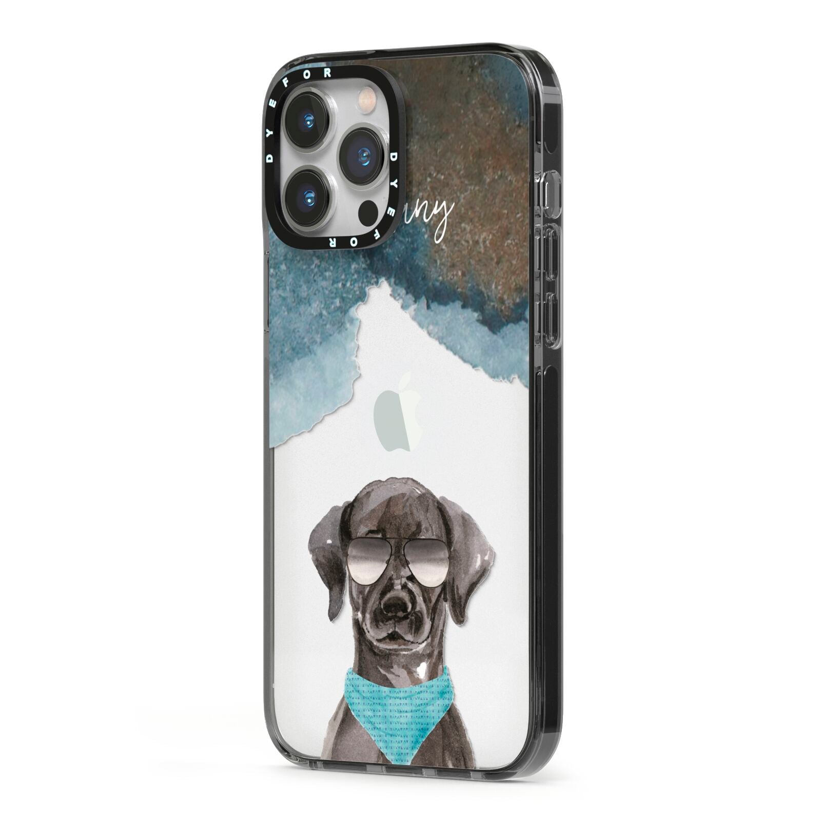 Personalised Black Labrador iPhone 13 Pro Max Black Impact Case Side Angle on Silver phone