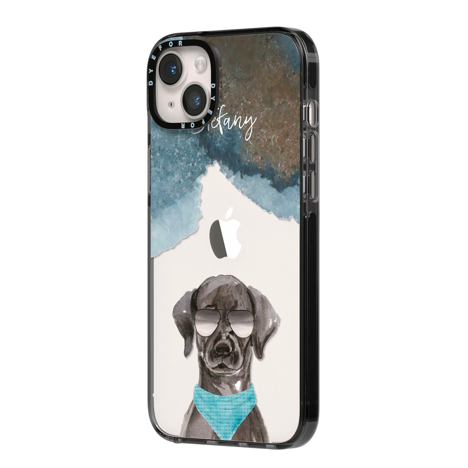 Personalised Black Labrador iPhone 14 Plus Black Impact Case Side Angle on Silver phone