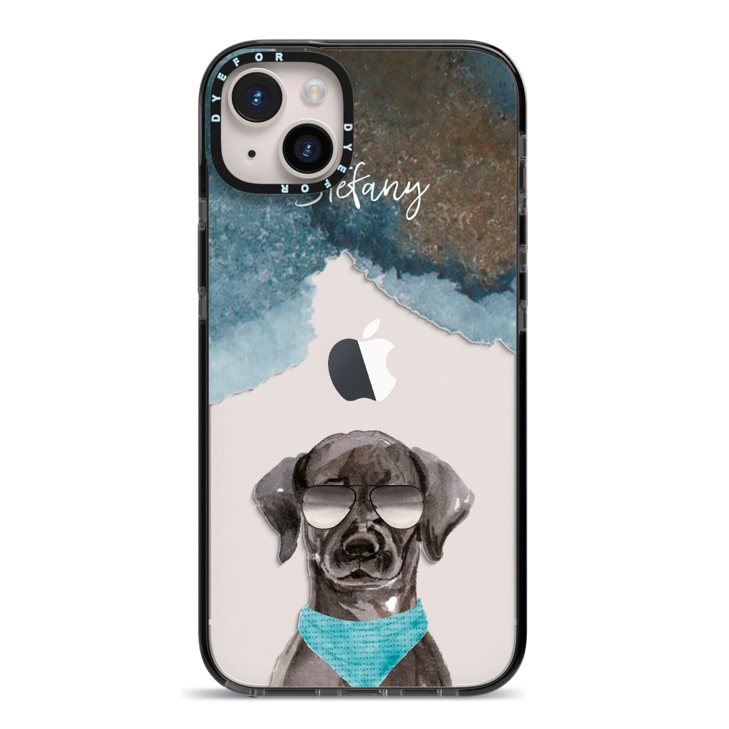 Personalised Black Labrador iPhone 14 Plus Black Impact Case on Silver phone