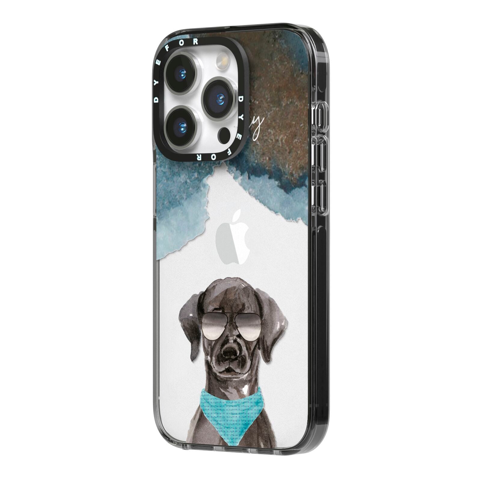 Personalised Black Labrador iPhone 14 Pro Black Impact Case Side Angle on Silver phone