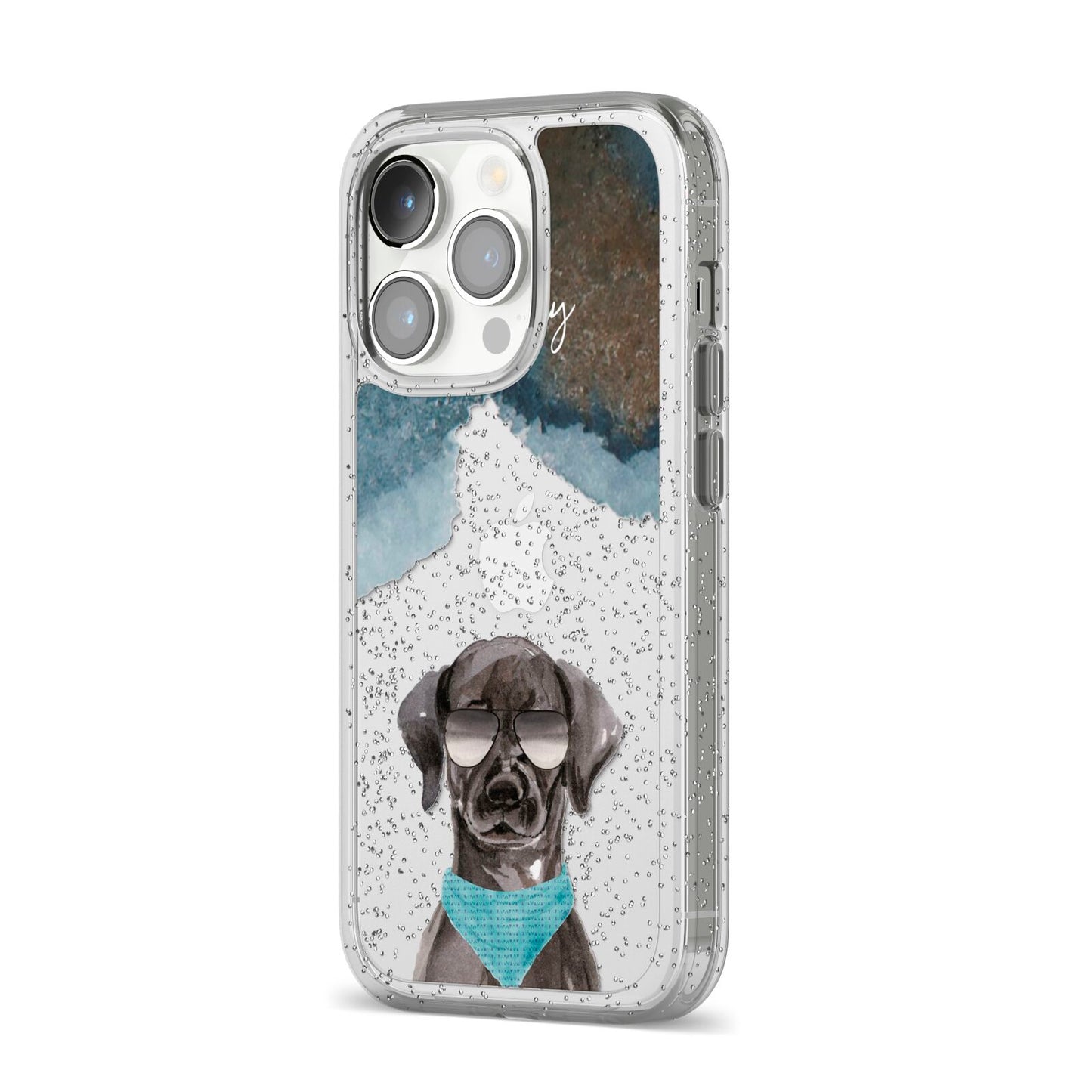 Personalised Black Labrador iPhone 14 Pro Glitter Tough Case Silver Angled Image