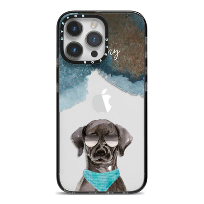 Personalised Black Labrador iPhone 14 Pro Max Black Impact Case on Silver phone