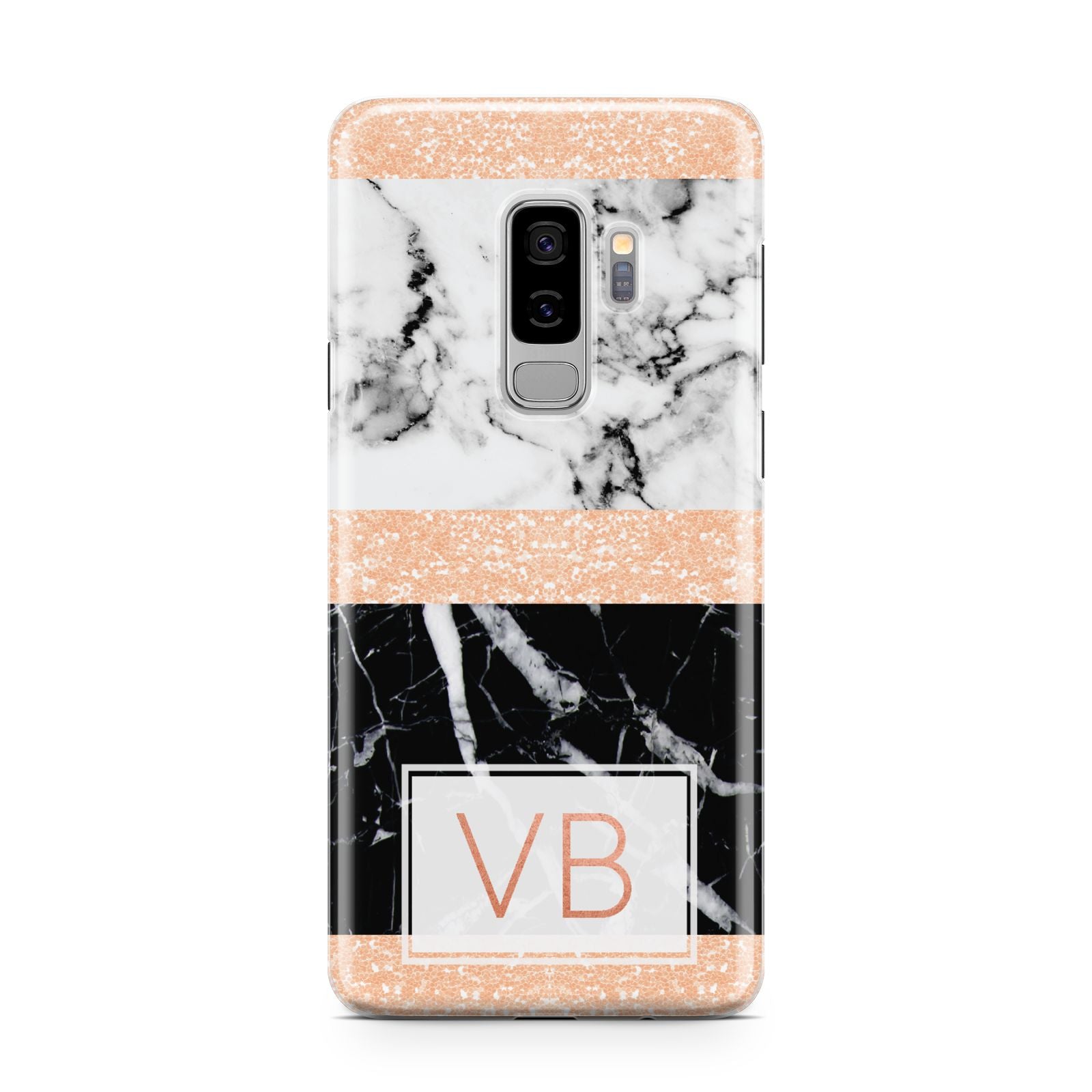 Personalised Black Marble Initials Samsung Galaxy S9 Plus Case on Silver phone