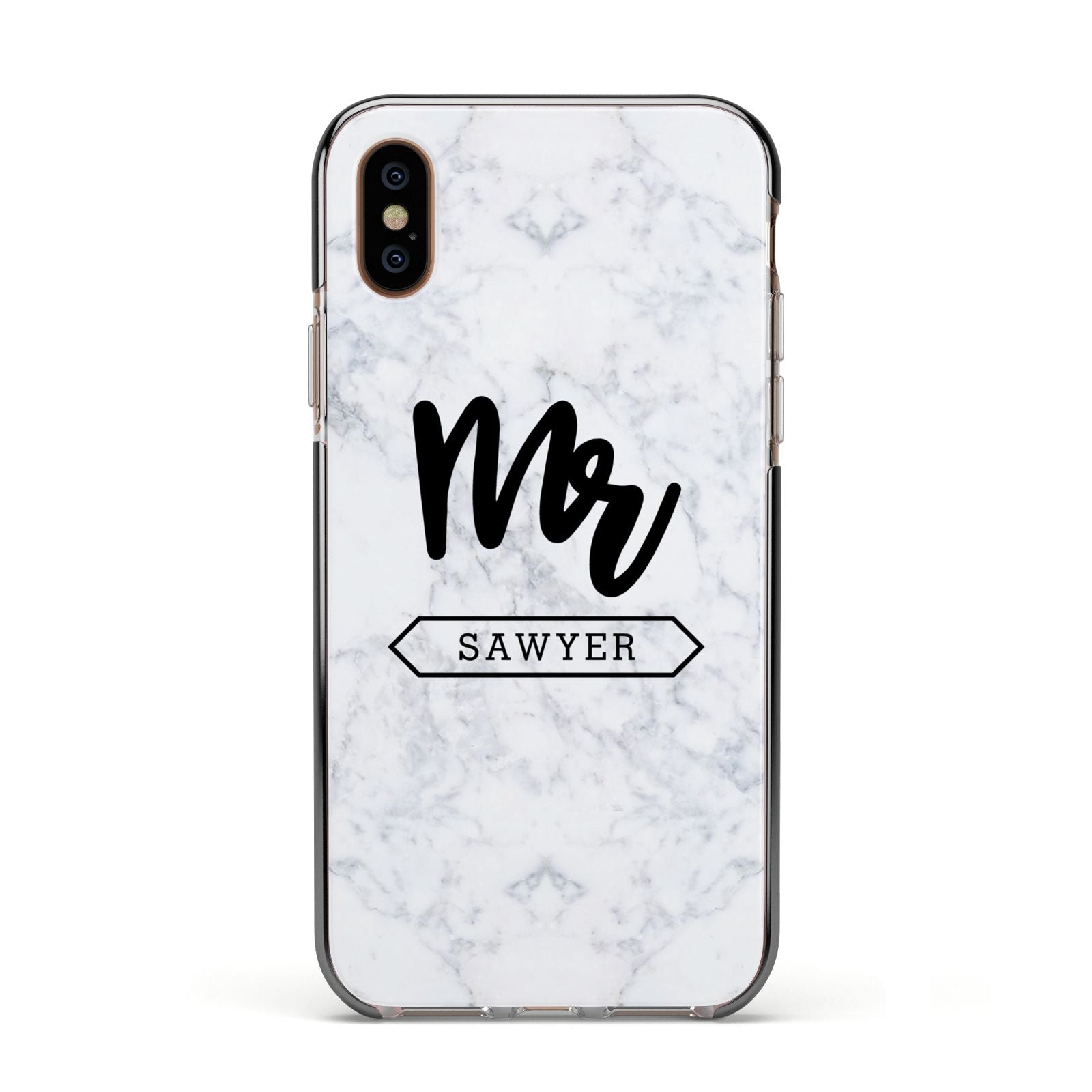 Personalised Black Mr Surname On Marble Apple iPhone Xs Impact Case Black Edge on Gold Phone