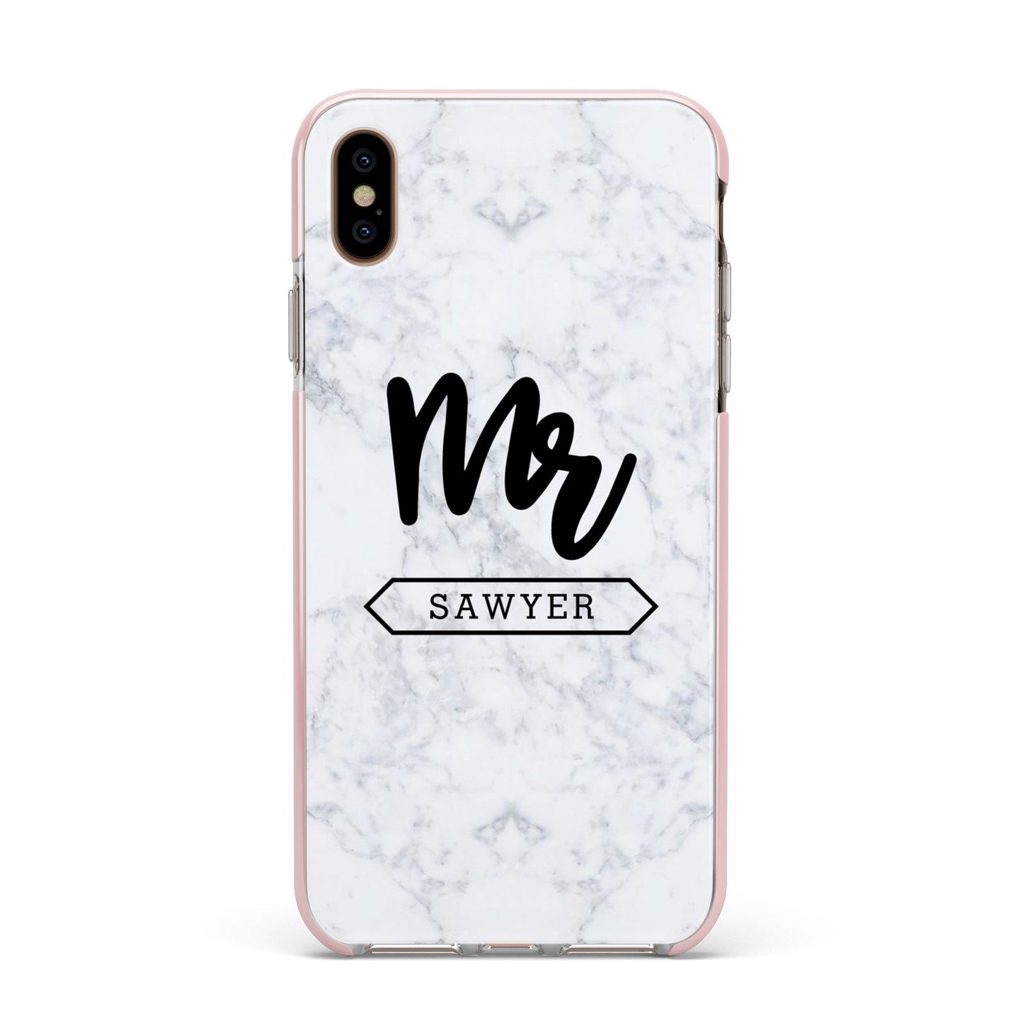 Personalised Black Mr Surname On Marble Apple iPhone Xs Max Impact Case Pink Edge on Gold Phone