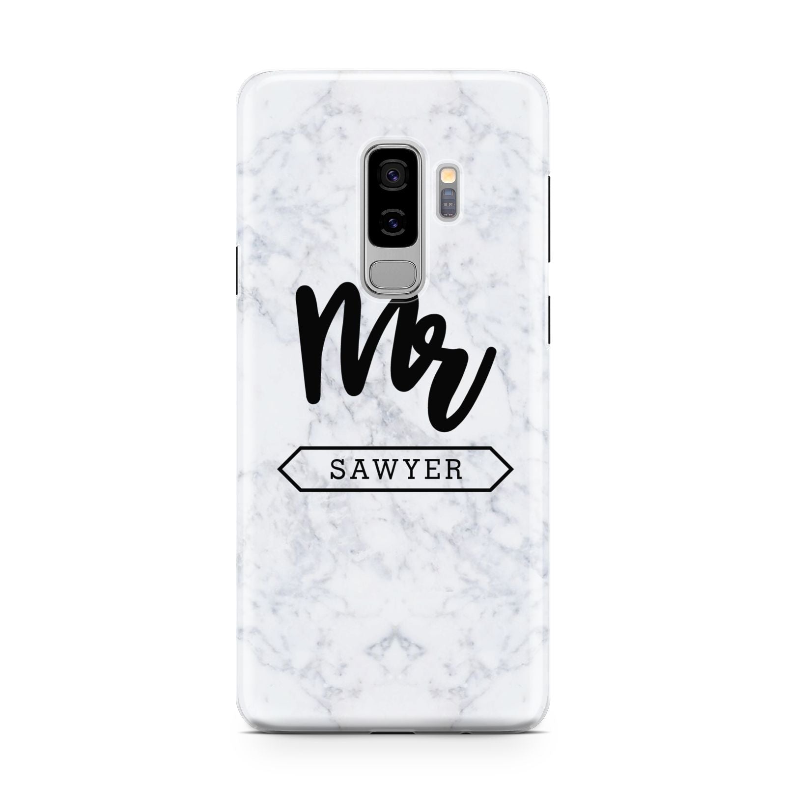 Personalised Black Mr Surname On Marble Samsung Galaxy S9 Plus Case on Silver phone