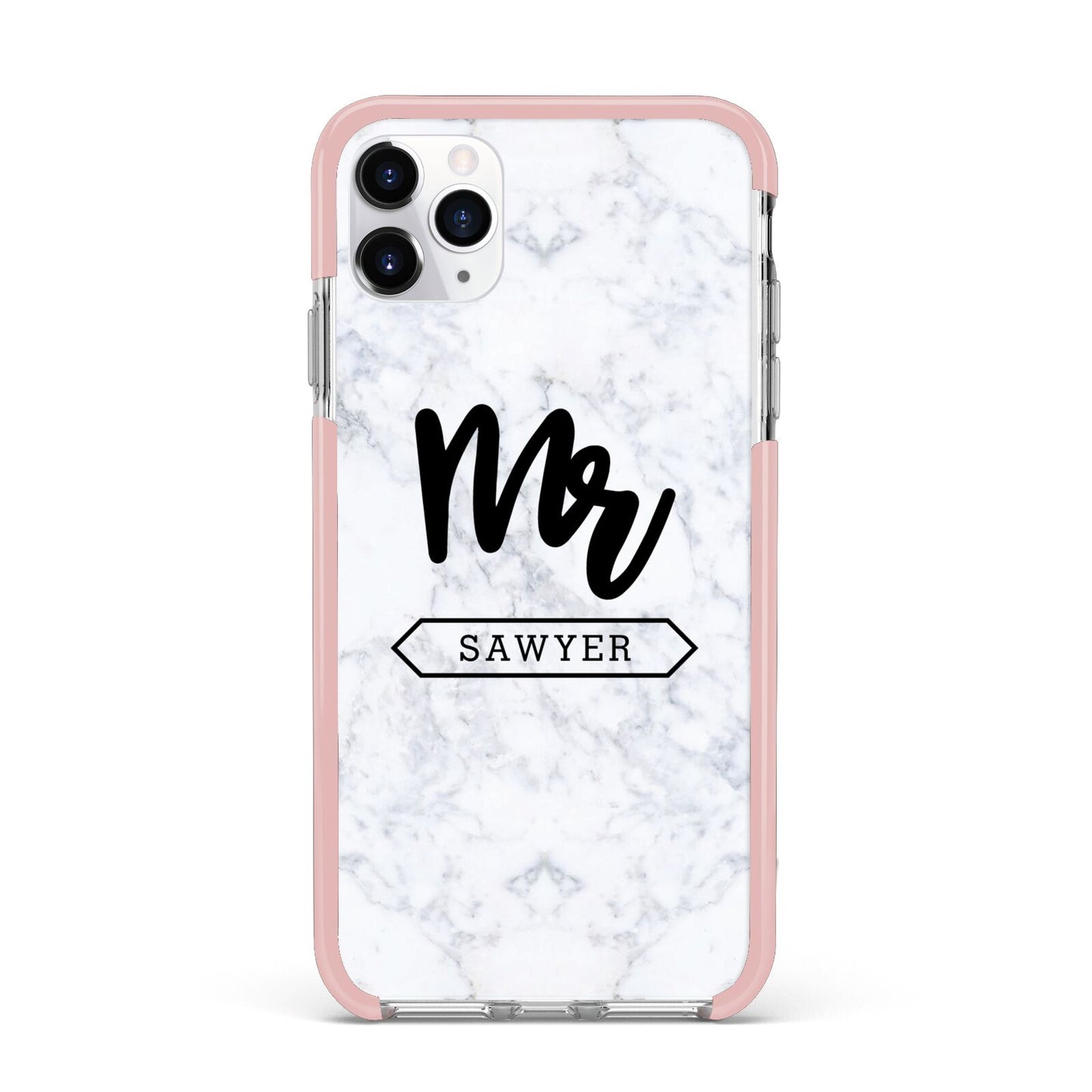 Personalised Black Mr Surname On Marble iPhone 11 Pro Max Impact Pink Edge Case