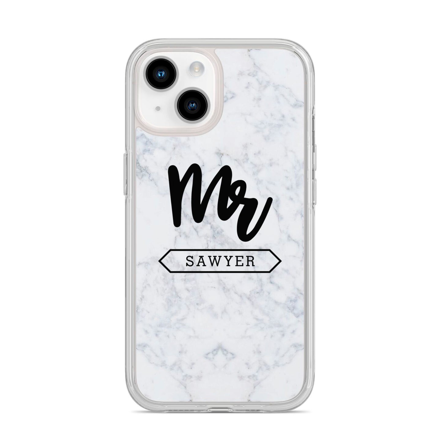 Personalised Black Mr Surname On Marble iPhone 14 Clear Tough Case Starlight