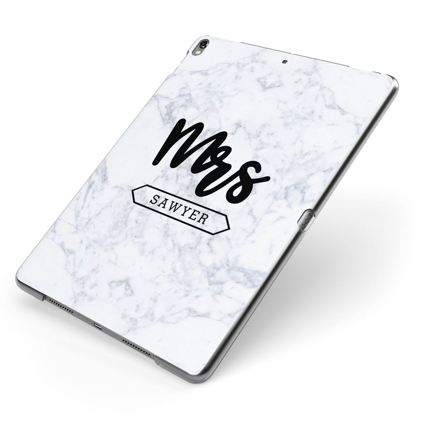 Personalised Black Mrs Surname On Marble Apple iPad Case on Grey iPad Side View