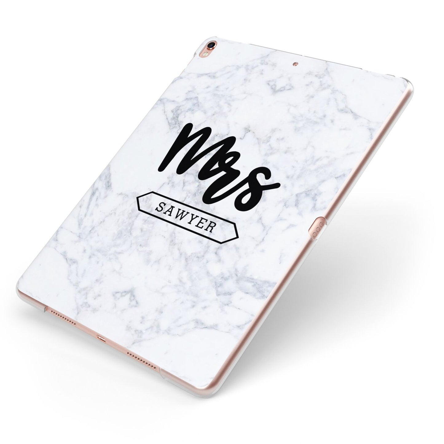 Personalised Black Mrs Surname On Marble Apple iPad Case on Rose Gold iPad Side View