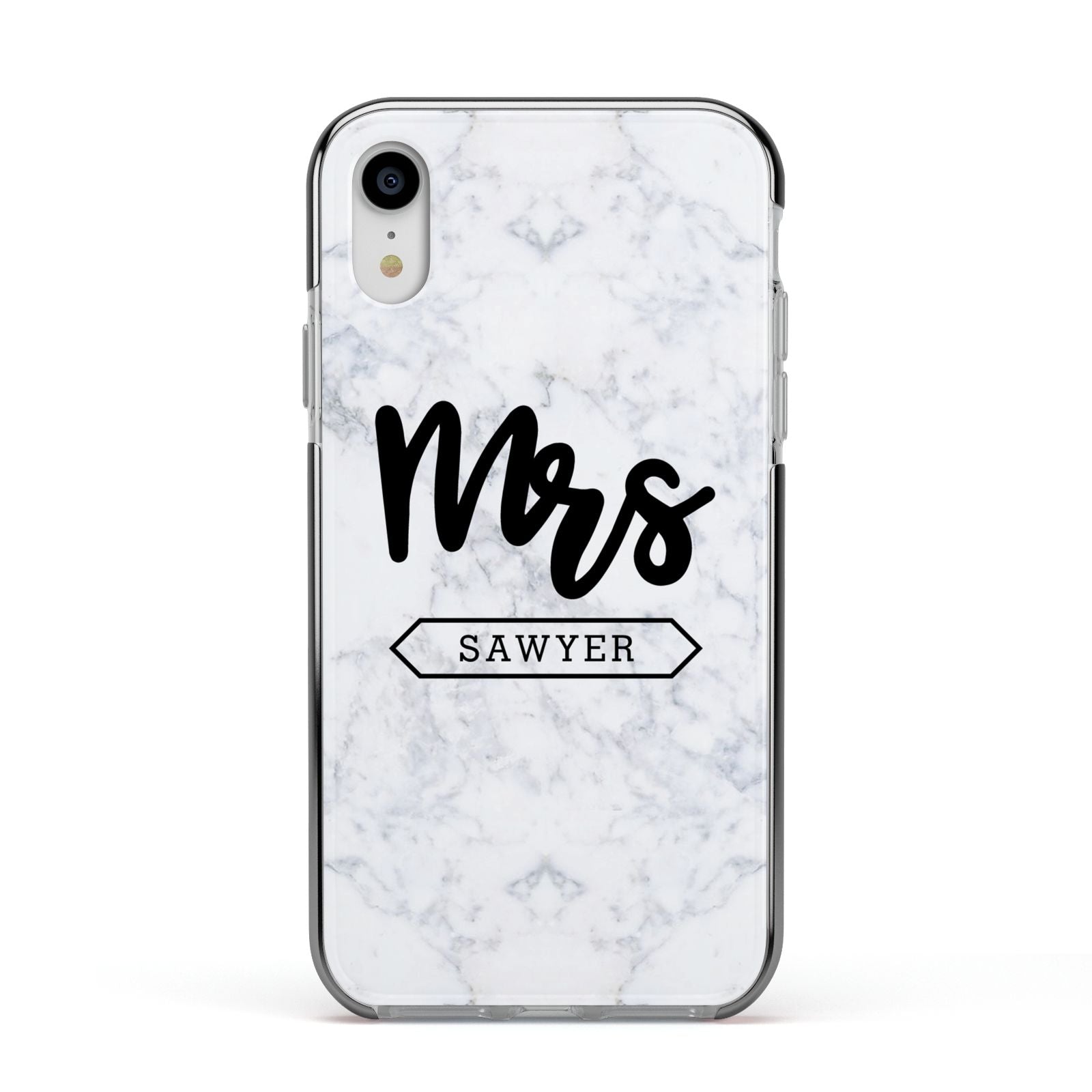 Personalised Black Mrs Surname On Marble Apple iPhone XR Impact Case Black Edge on Silver Phone