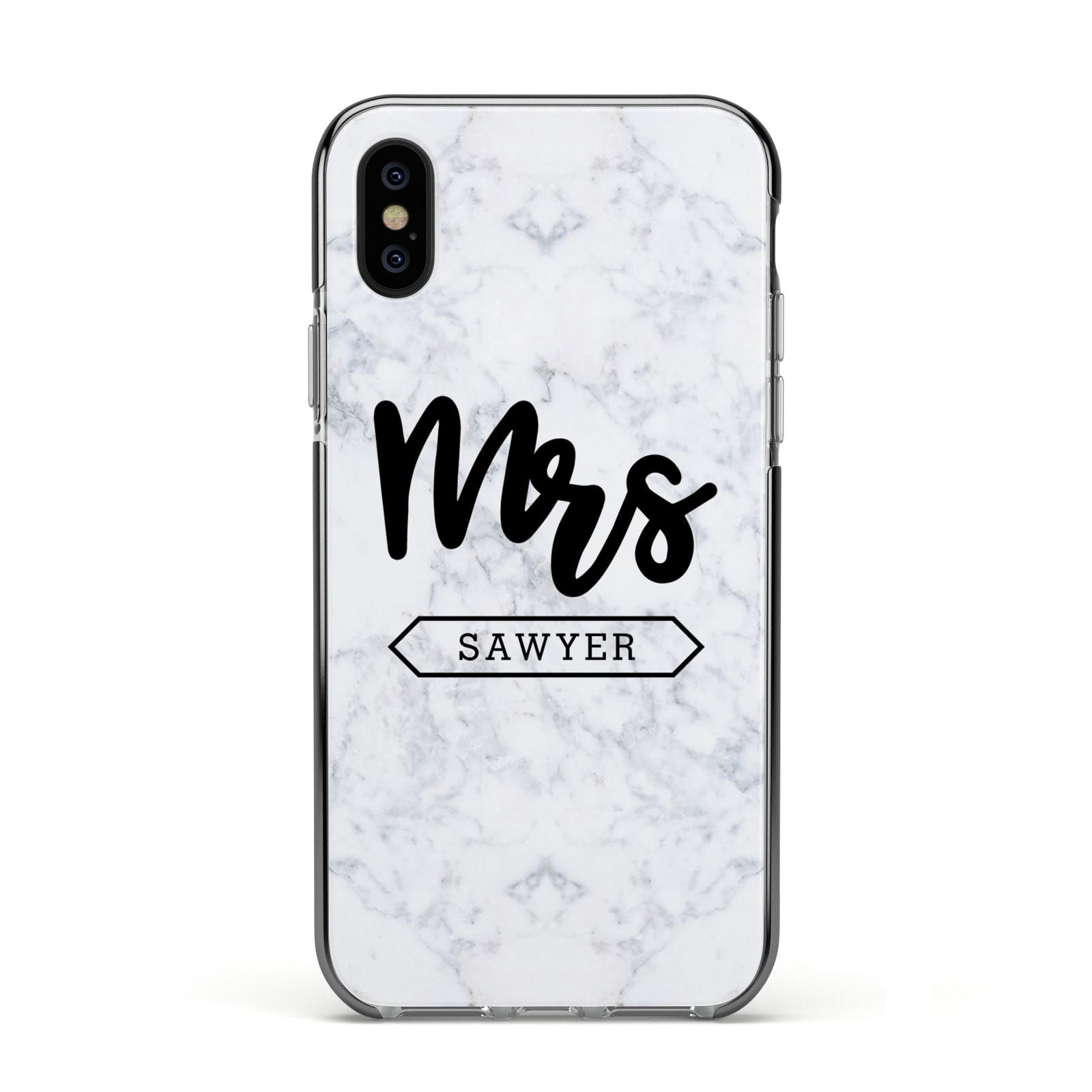 Personalised Black Mrs Surname On Marble Apple iPhone Xs Impact Case Black Edge on Black Phone