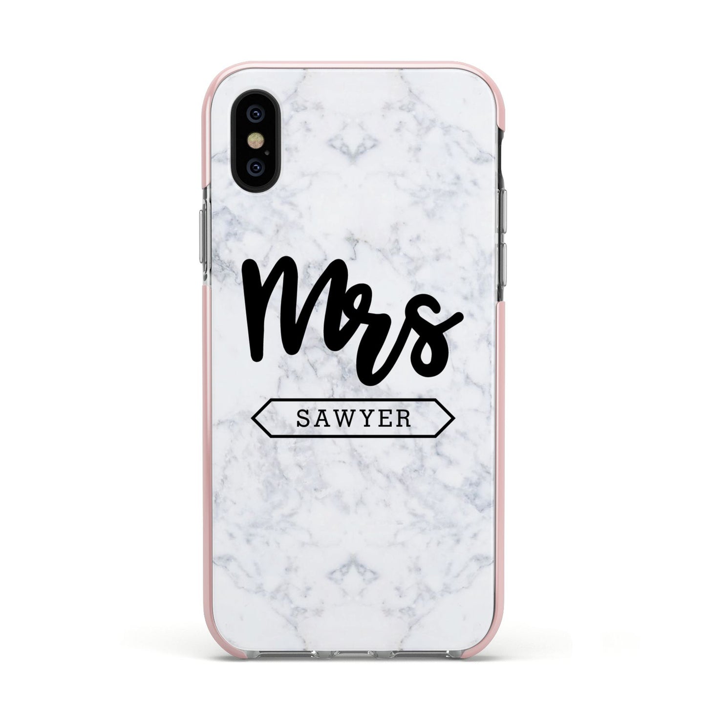 Personalised Black Mrs Surname On Marble Apple iPhone Xs Impact Case Pink Edge on Black Phone