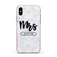 Personalised Black Mrs Surname On Marble Apple iPhone Xs Impact Case Pink Edge on Silver Phone