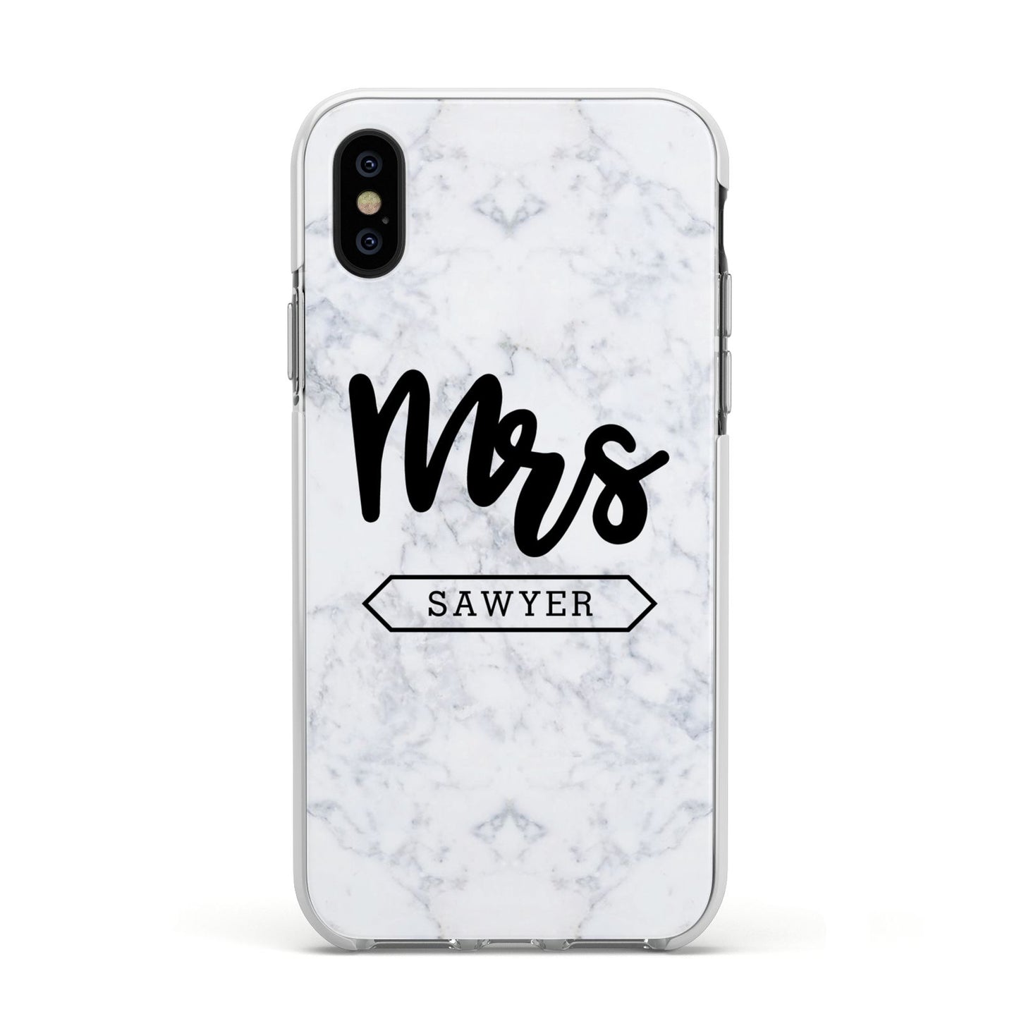 Personalised Black Mrs Surname On Marble Apple iPhone Xs Impact Case White Edge on Black Phone