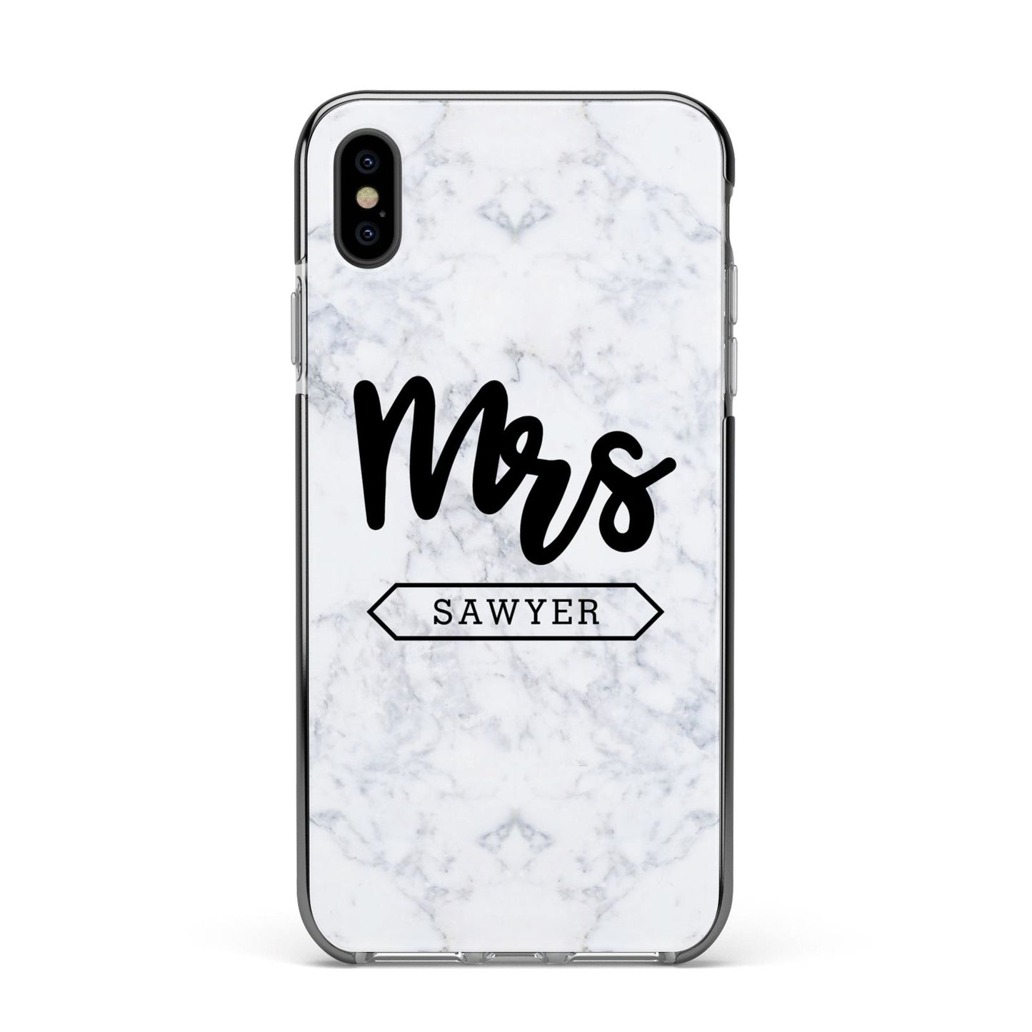 Personalised Black Mrs Surname On Marble Apple iPhone Xs Max Impact Case Black Edge on Black Phone