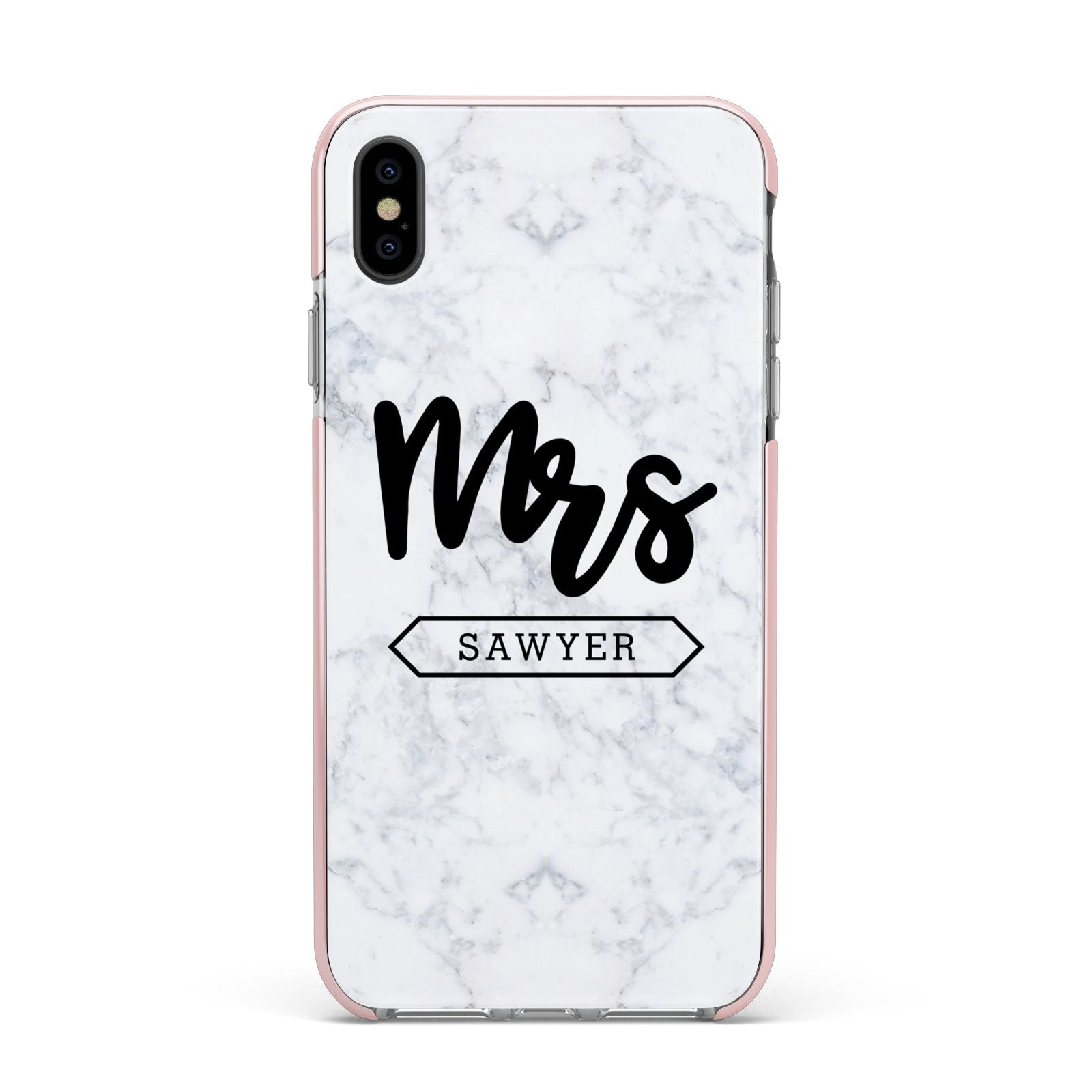 Personalised Black Mrs Surname On Marble Apple iPhone Xs Max Impact Case Pink Edge on Black Phone