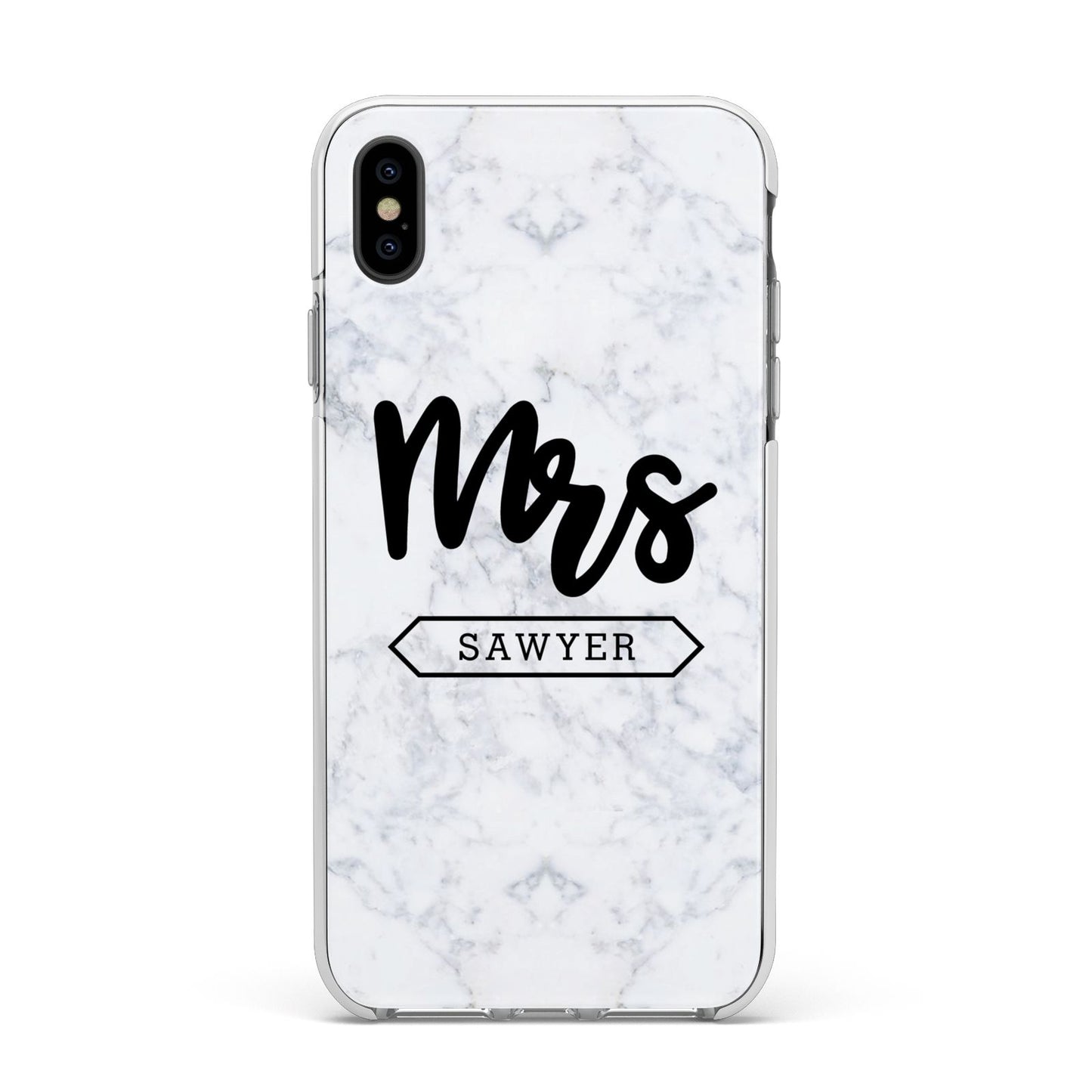 Personalised Black Mrs Surname On Marble Apple iPhone Xs Max Impact Case White Edge on Black Phone