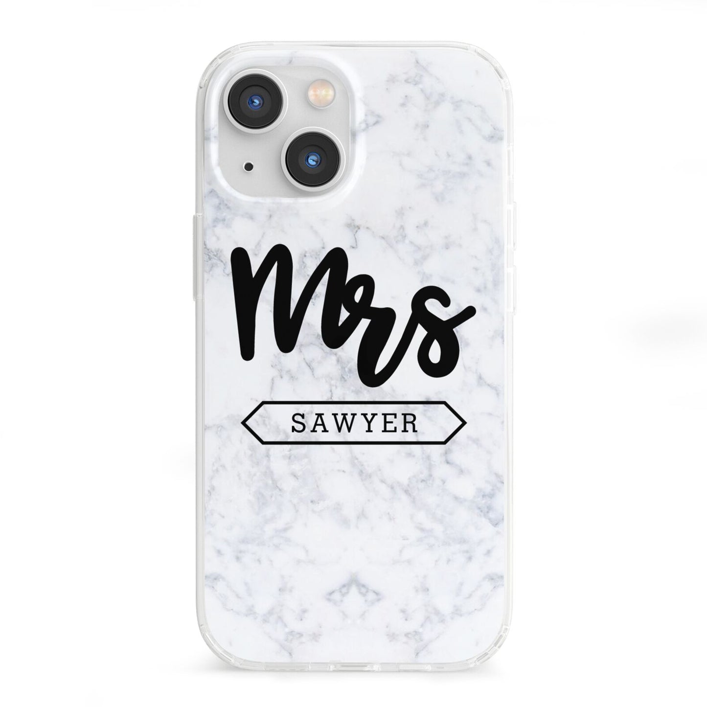 Personalised Black Mrs Surname On Marble iPhone 13 Mini Clear Bumper Case