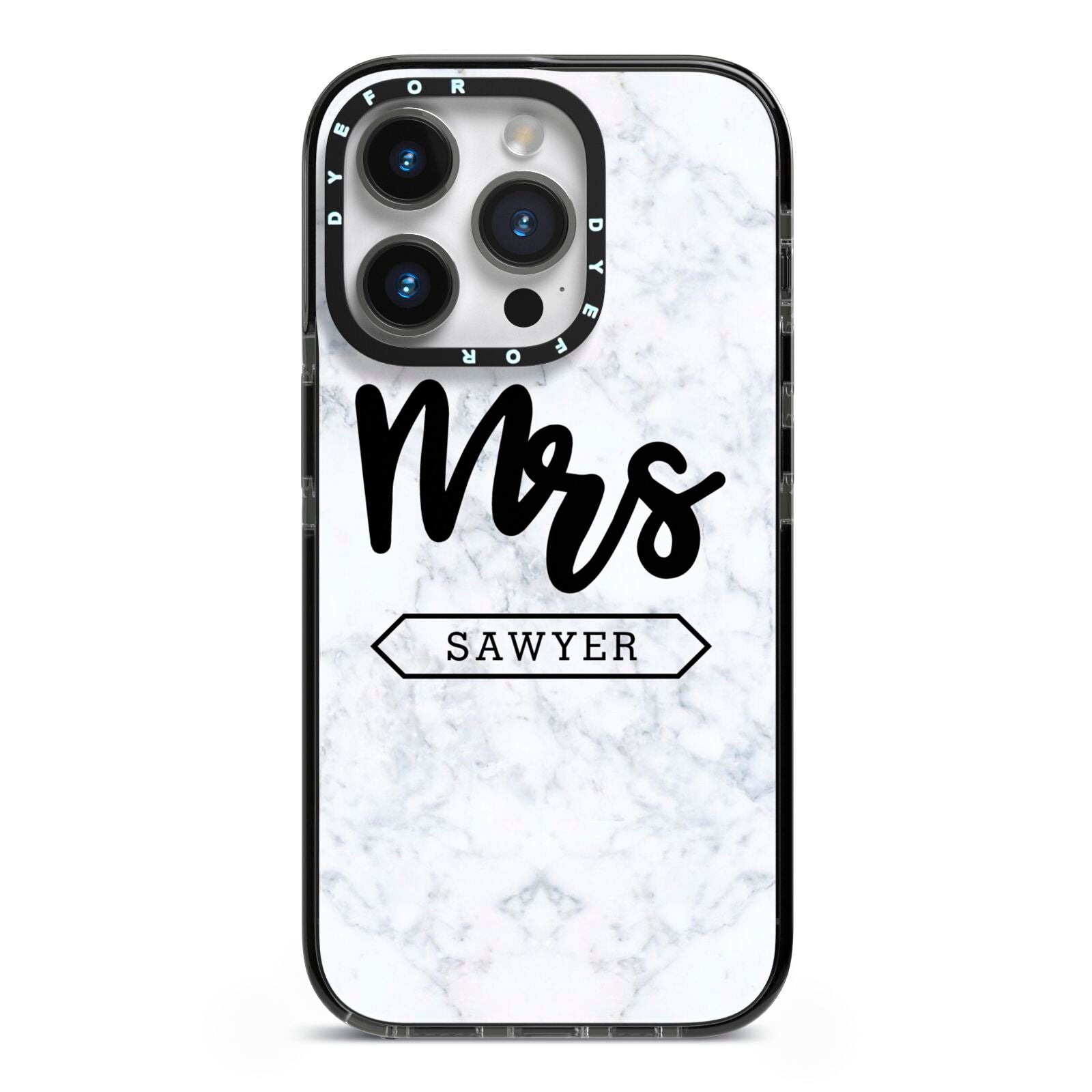 Personalised Black Mrs Surname On Marble iPhone 14 Pro Black Impact Case on Silver phone