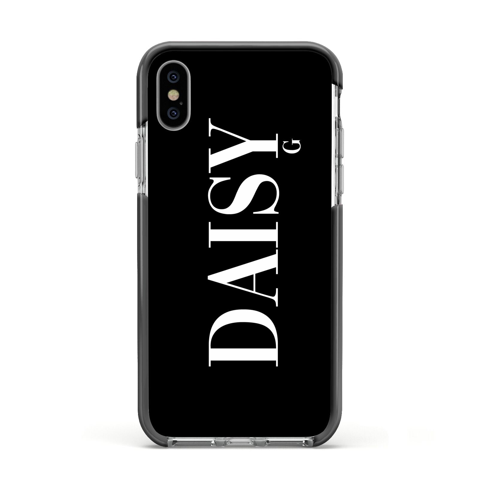 Personalised Black Name Apple iPhone Xs Impact Case Black Edge on Silver Phone