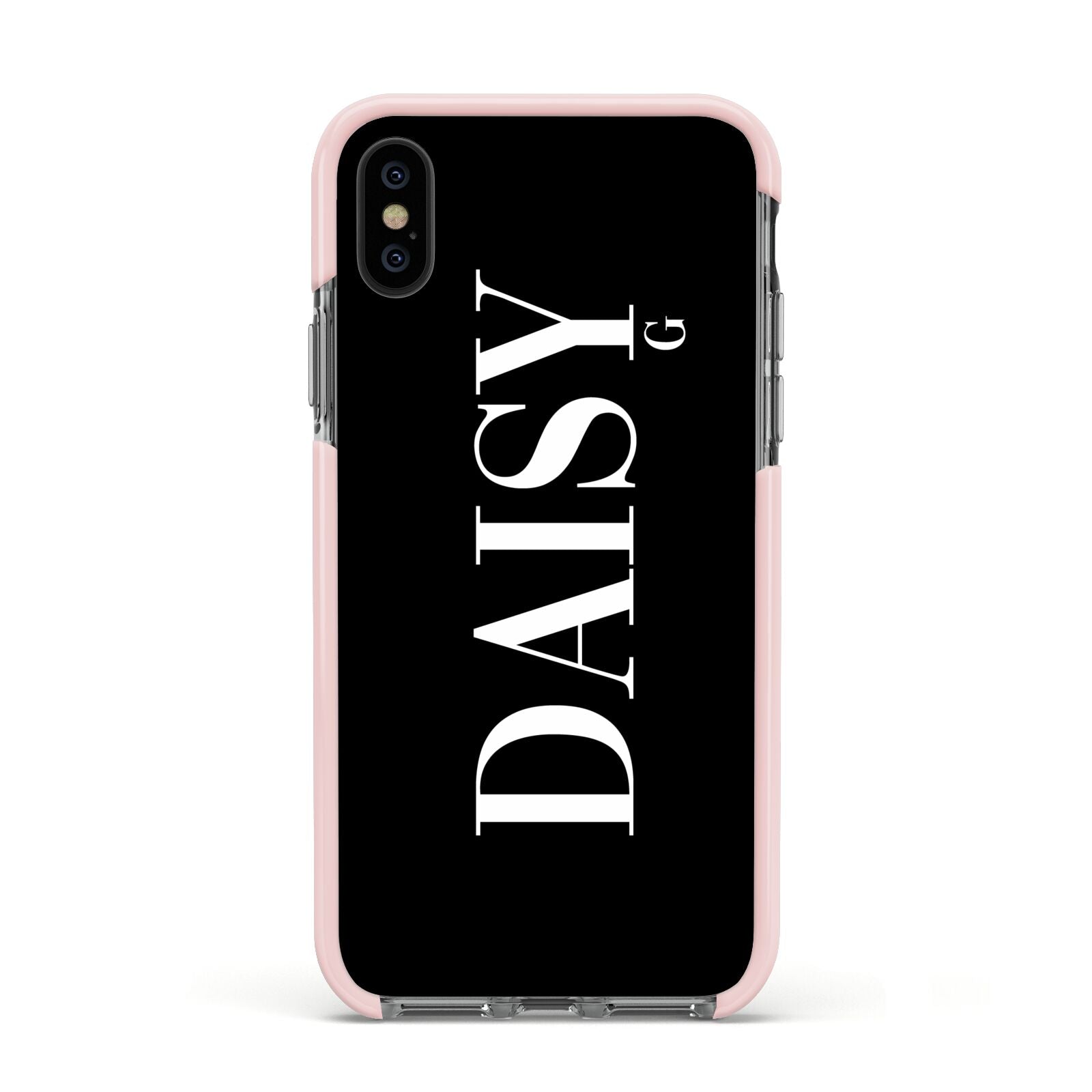 Personalised Black Name Apple iPhone Xs Impact Case Pink Edge on Black Phone