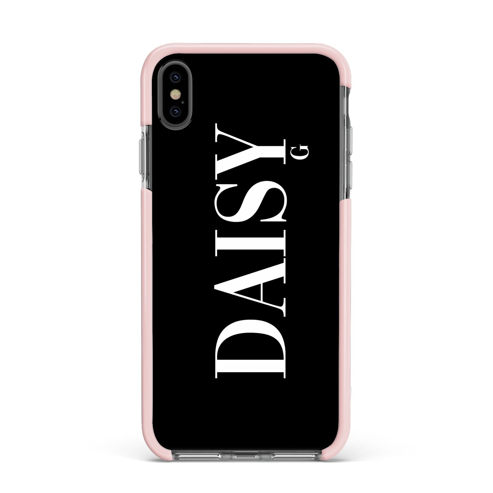 Personalised Black Name Apple iPhone Xs Max Impact Case Pink Edge on Black Phone