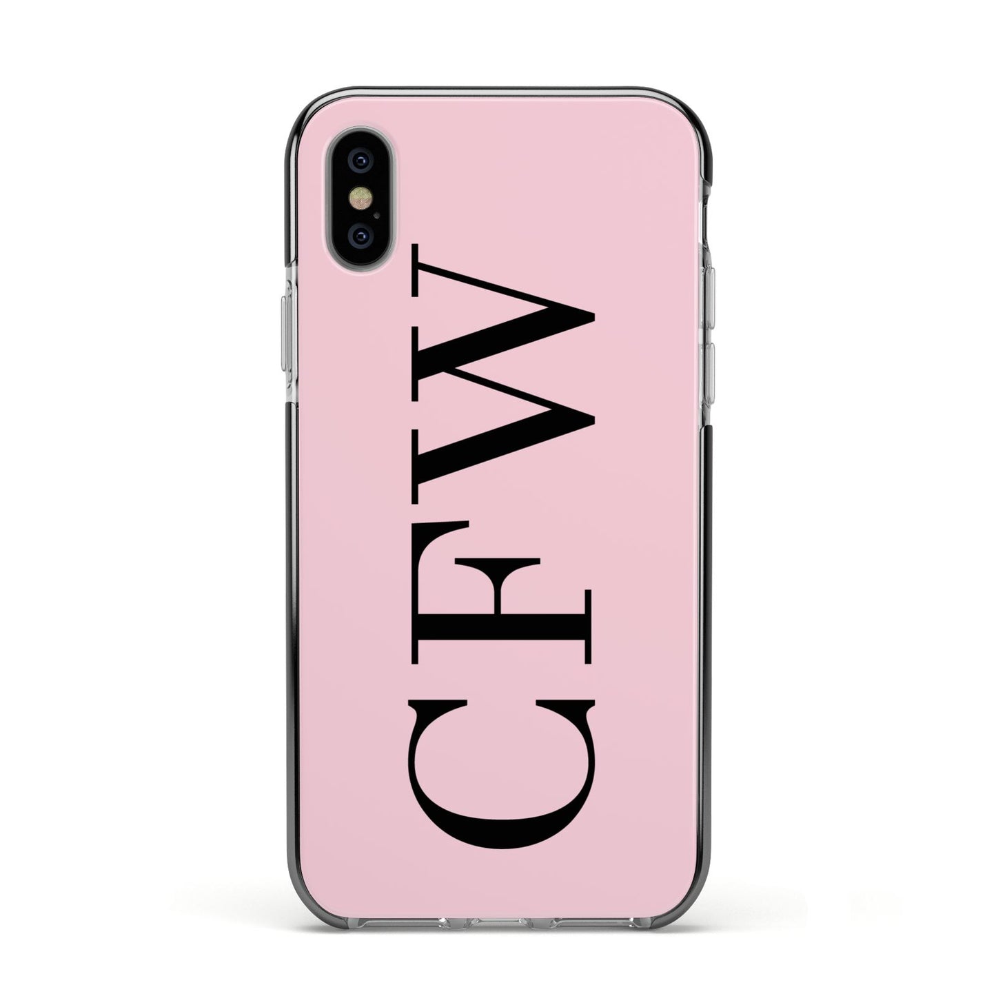 Personalised Black Pink Side Initials Apple iPhone Xs Impact Case Black Edge on Silver Phone