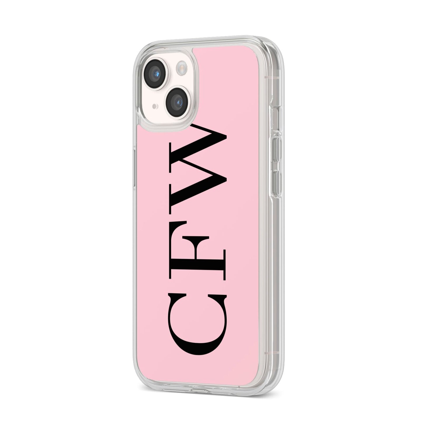 Personalised Black Pink Side Initials iPhone 14 Clear Tough Case Starlight Angled Image