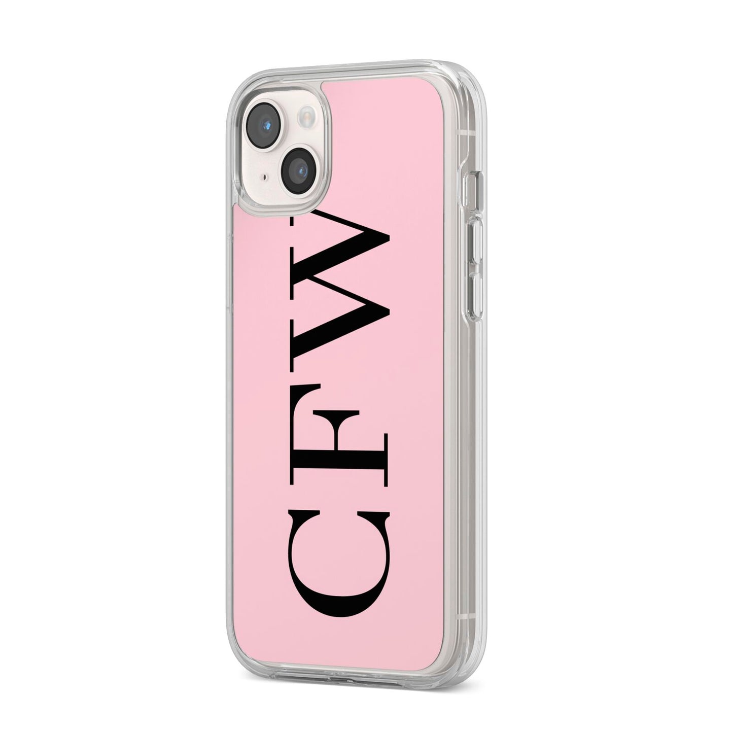 Personalised Black Pink Side Initials iPhone 14 Plus Clear Tough Case Starlight Angled Image