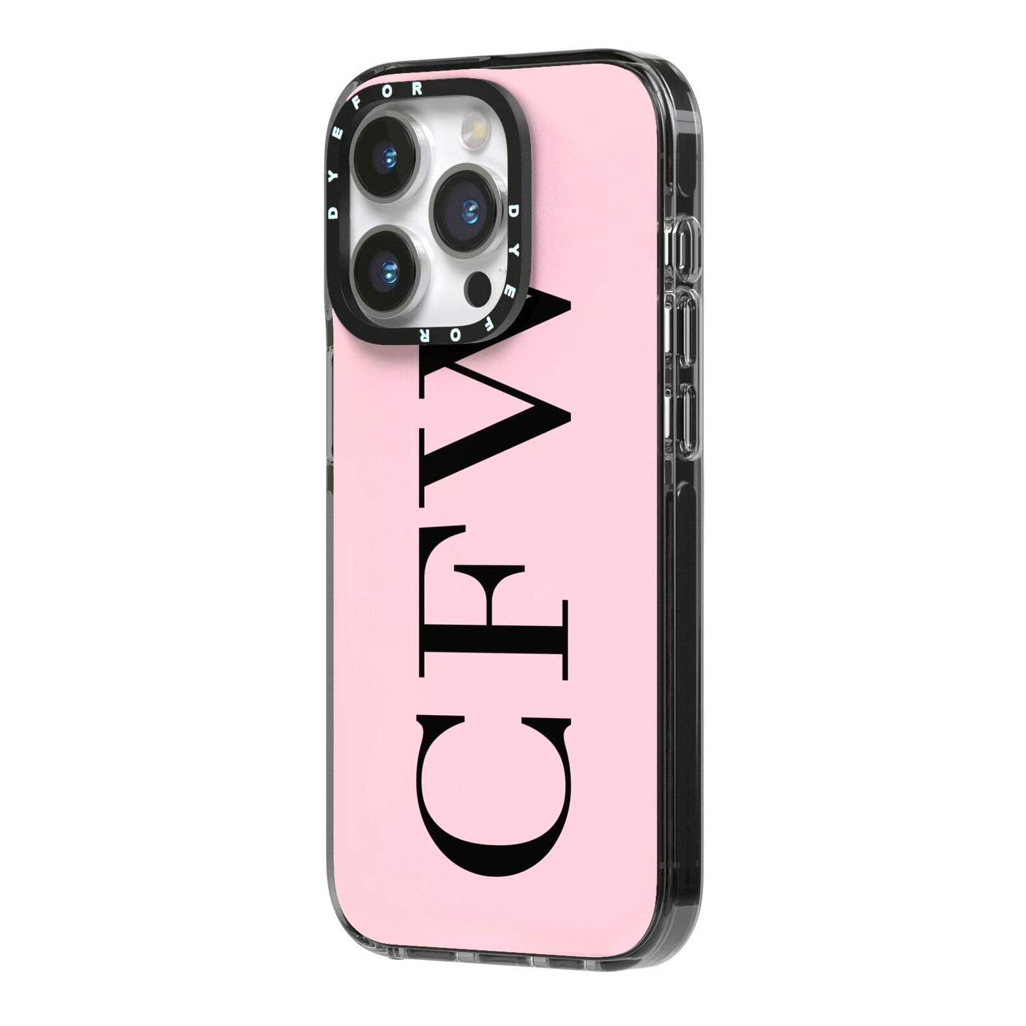 Personalised Black Pink Side Initials iPhone 14 Pro Black Impact Case Side Angle on Silver phone