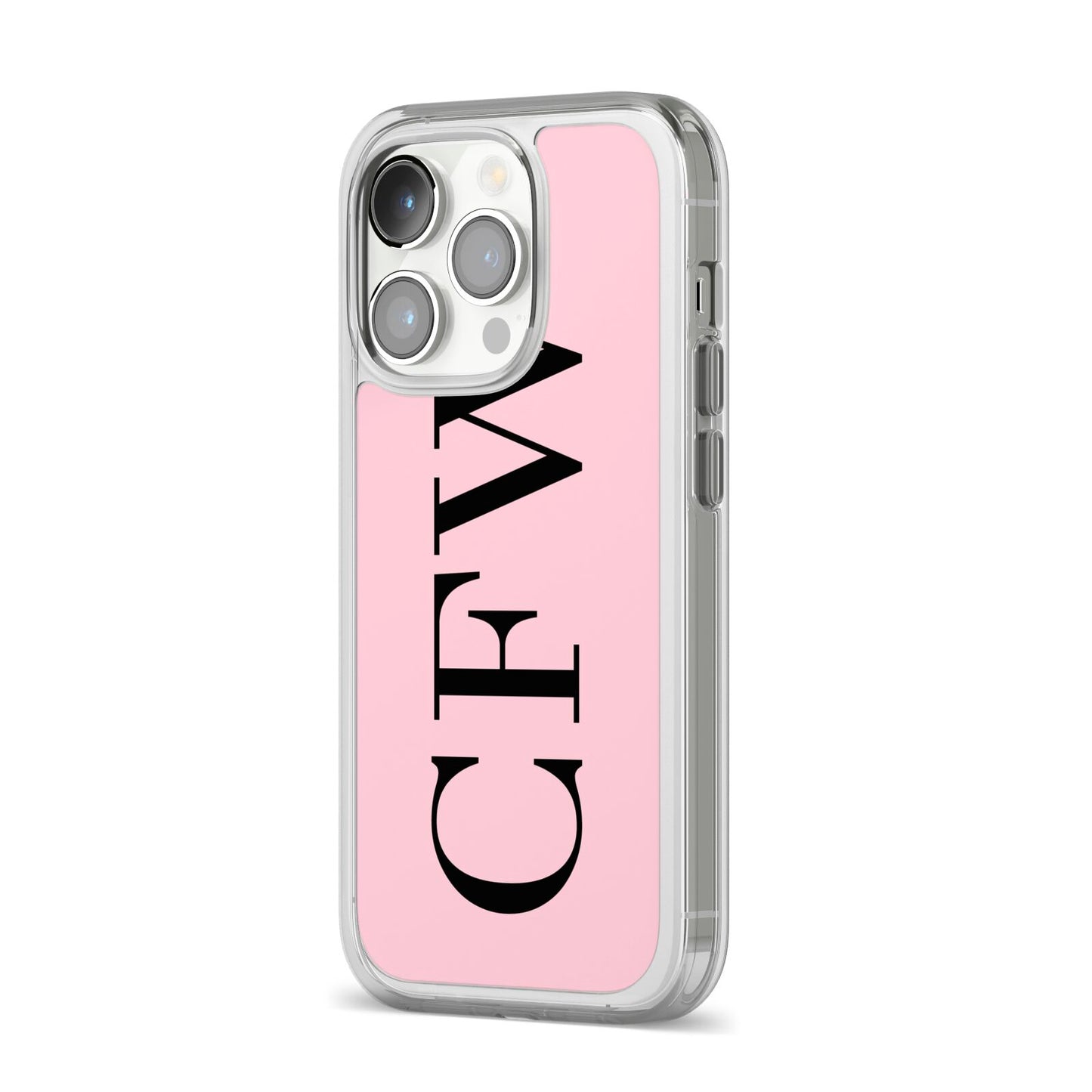 Personalised Black Pink Side Initials iPhone 14 Pro Clear Tough Case Silver Angled Image