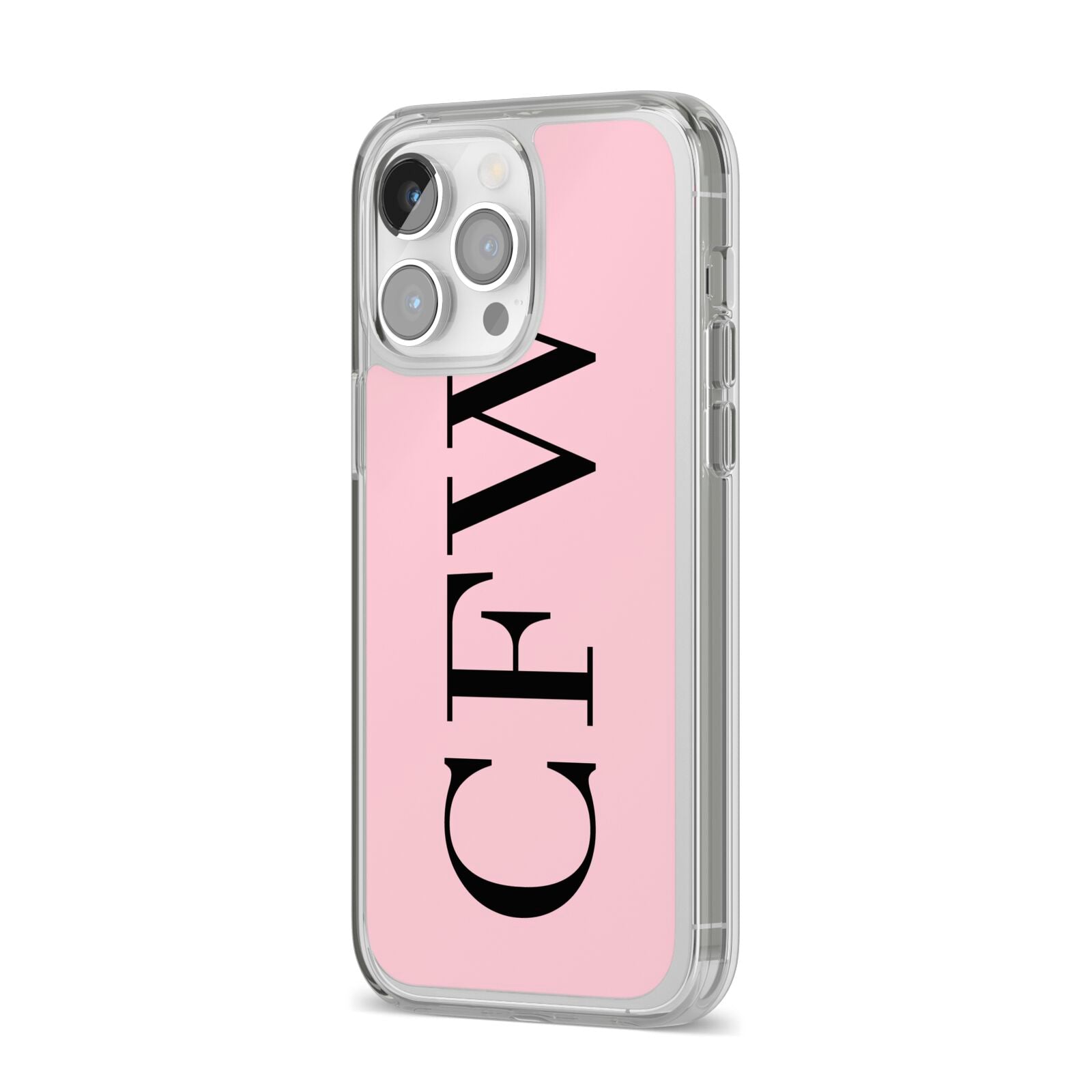 Personalised Black Pink Side Initials iPhone 14 Pro Max Clear Tough Case Silver Angled Image