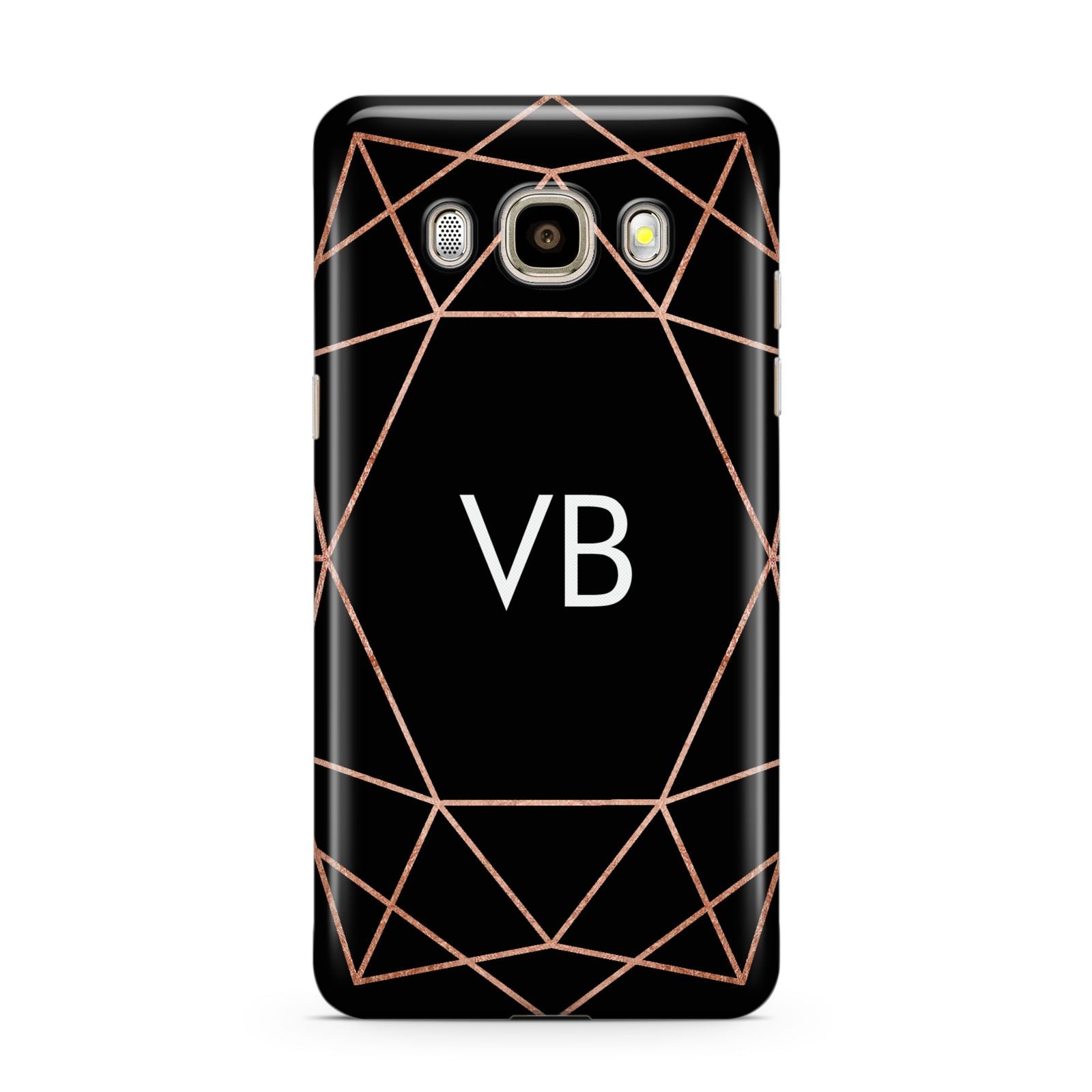 Personalised Black Rose Gold Initials Geometric Samsung Galaxy J7 2016 Case on gold phone