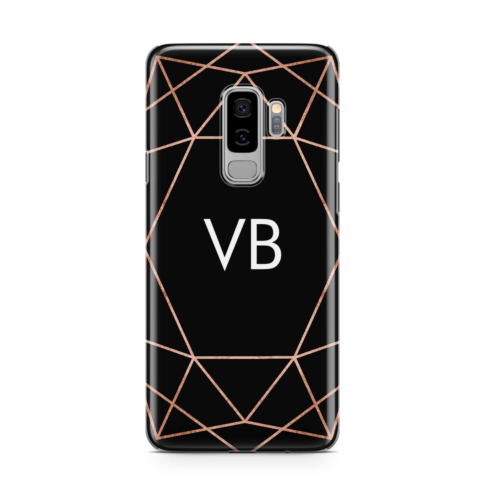 Personalised Black Rose Gold Initials Geometric Samsung Galaxy S9 Plus Case on Silver phone