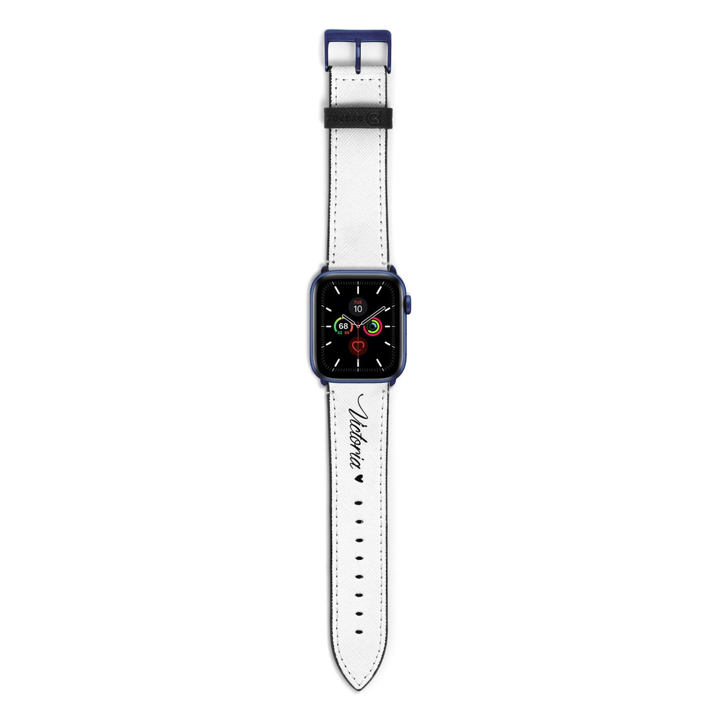 Personalised Black Script Name Heart Clear Apple Watch Strap with Blue Hardware
