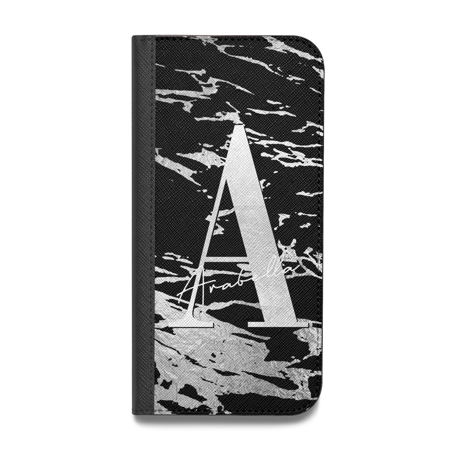 Personalised Black Silver Initial Vegan Leather Flip iPhone Case