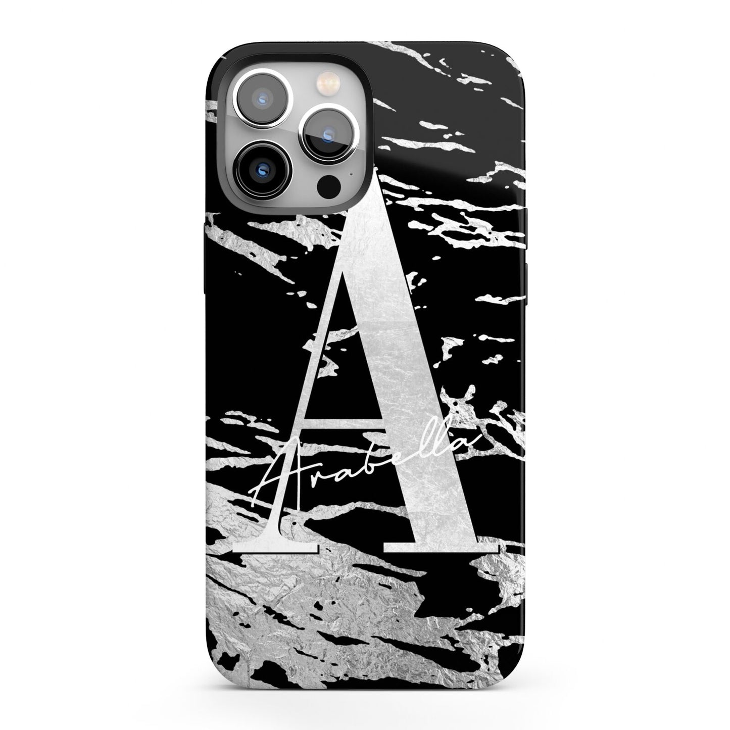 Personalised Black Silver Initial iPhone 13 Pro Max Full Wrap 3D Tough Case