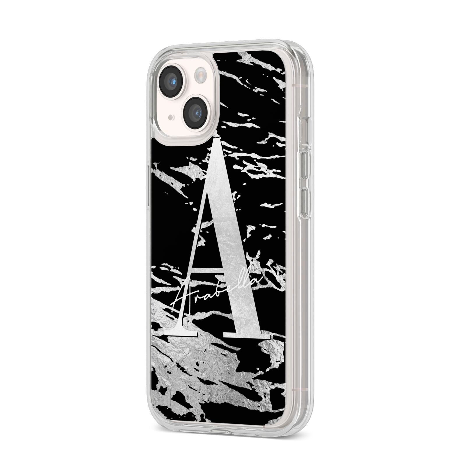 Personalised Black Silver Initial iPhone 14 Clear Tough Case Starlight Angled Image