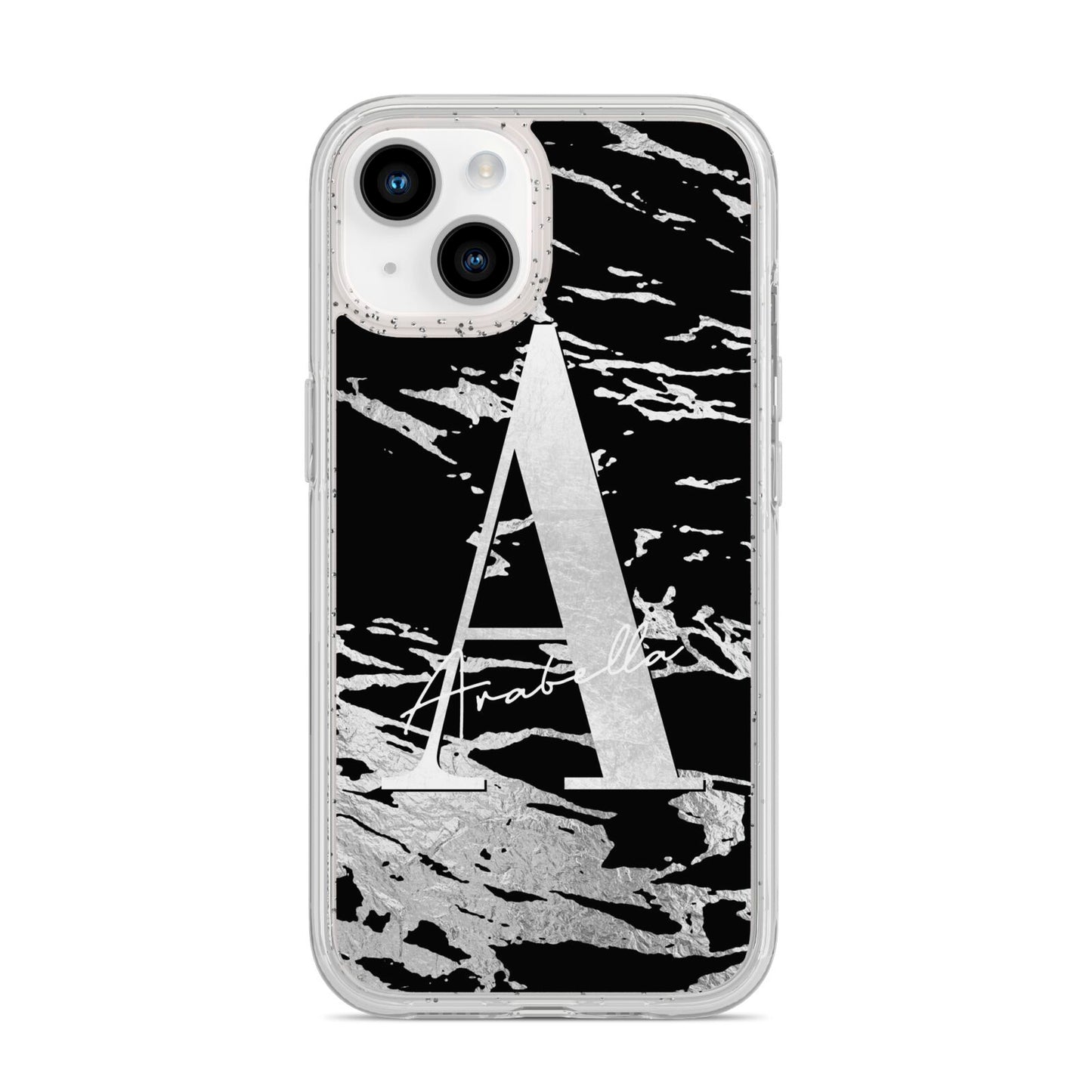 Personalised Black Silver Initial iPhone 14 Glitter Tough Case Starlight