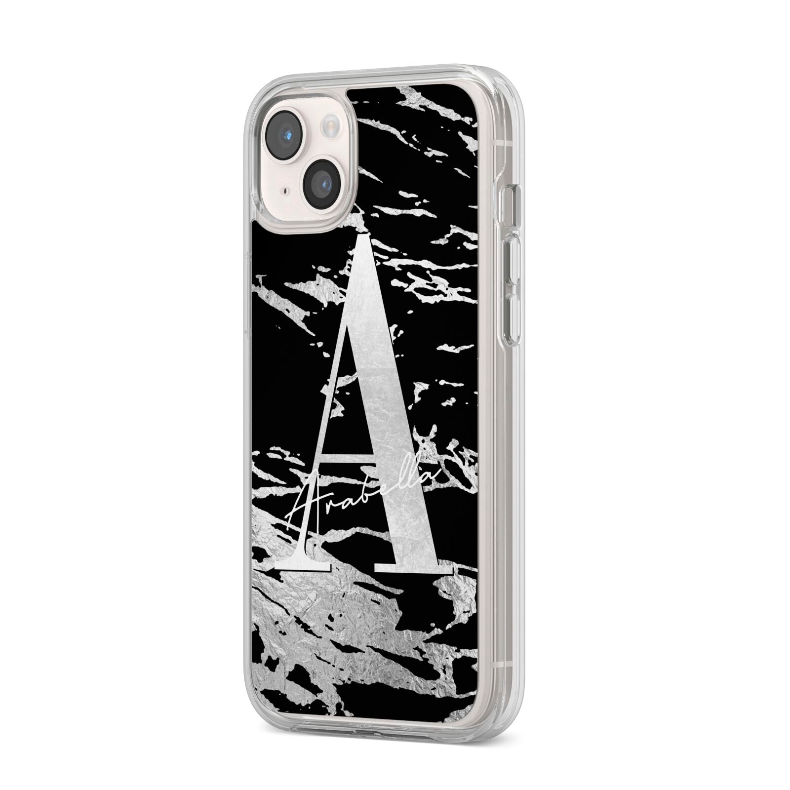 Personalised Black Silver Initial iPhone 14 Plus Clear Tough Case Starlight Angled Image