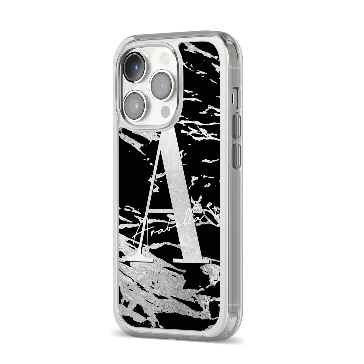 Personalised Black Silver Initial iPhone 14 Pro Clear Tough Case Silver Angled Image