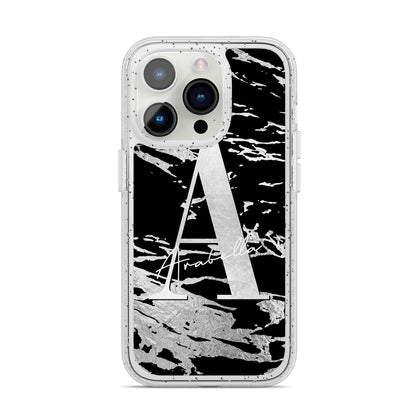 Personalised Black Silver Initial iPhone 14 Pro Glitter Tough Case Silver