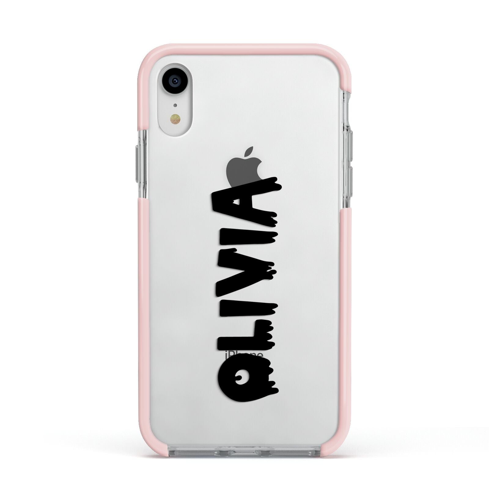 Personalised Black Slime Text Apple iPhone XR Impact Case Pink Edge on Silver Phone