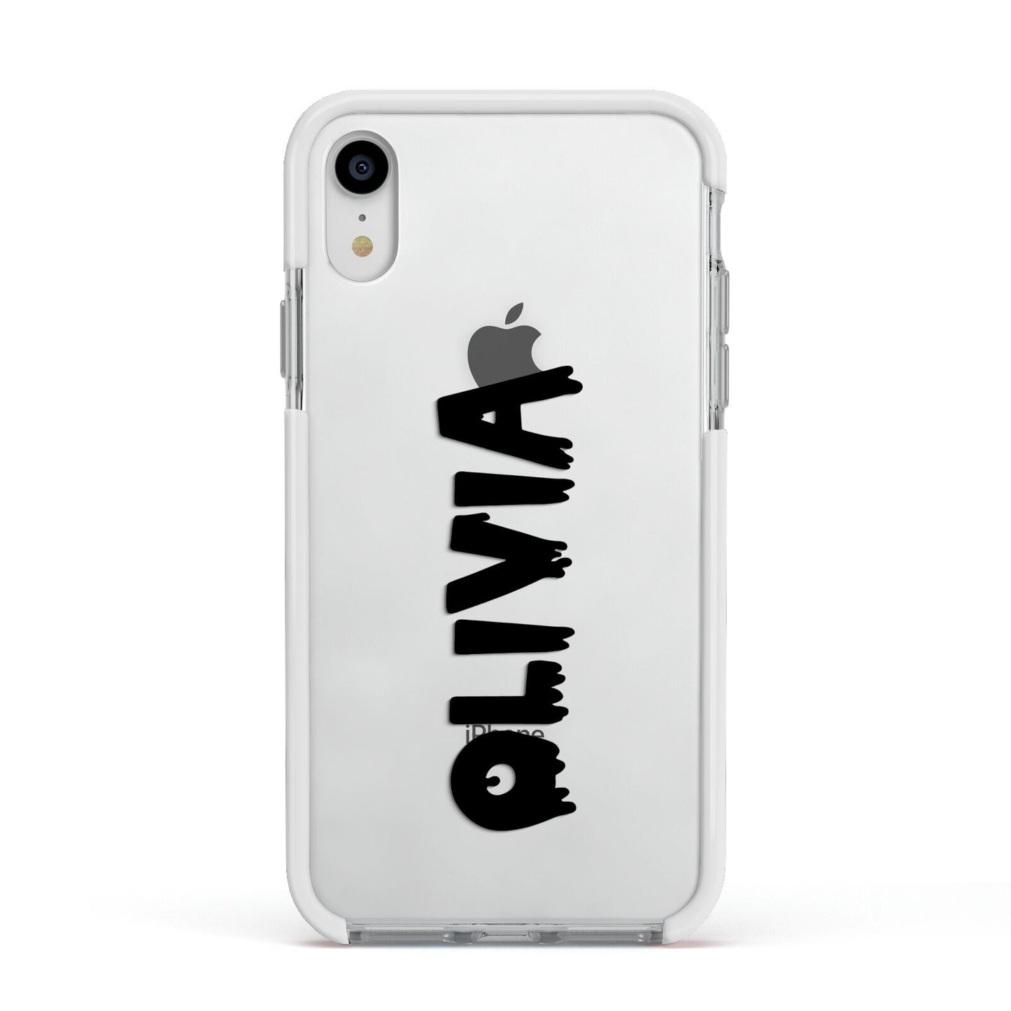 Personalised Black Slime Text Apple iPhone XR Impact Case White Edge on Silver Phone