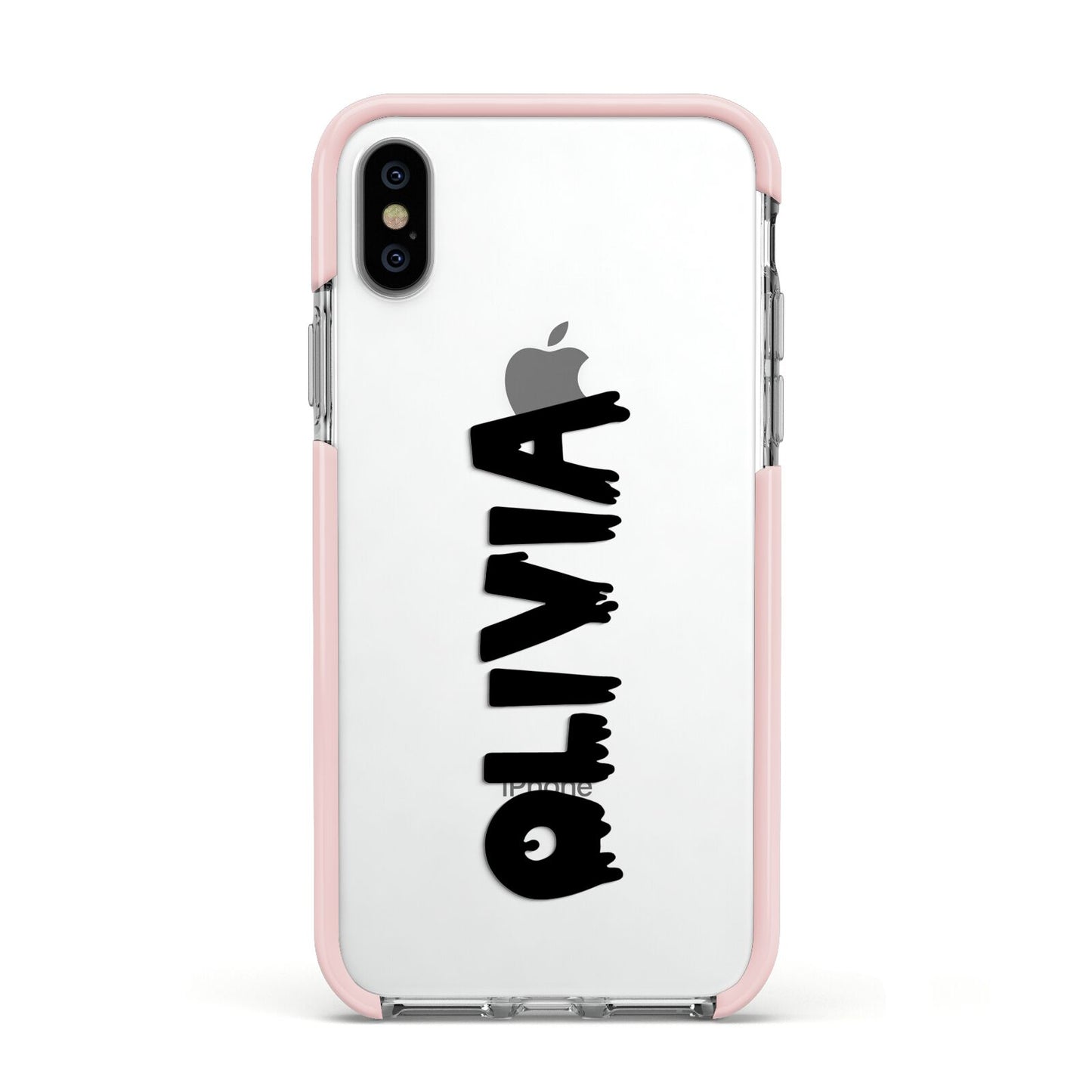 Personalised Black Slime Text Apple iPhone Xs Impact Case Pink Edge on Silver Phone