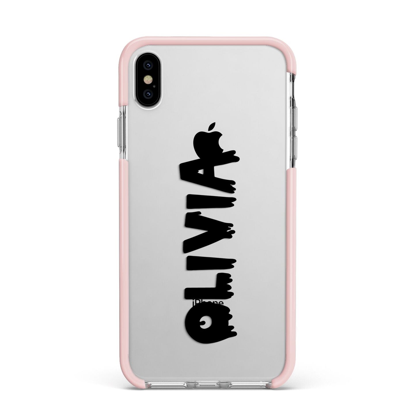 Personalised Black Slime Text Apple iPhone Xs Max Impact Case Pink Edge on Silver Phone